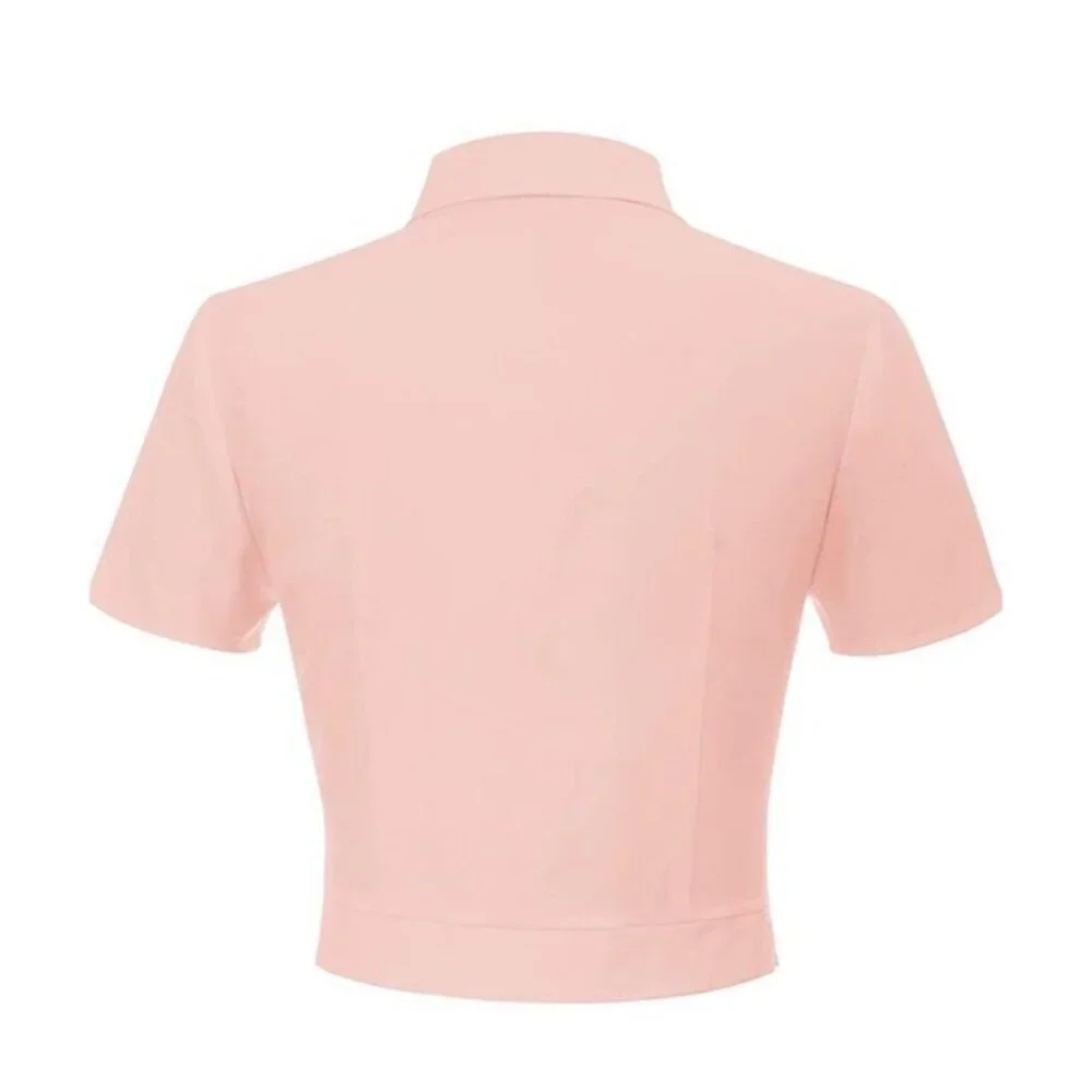 Belle Poque Women XL Pink Vtg Inspired Tie Neck Blouse Short Sleeve Cropped Top - Picture 2 of 8